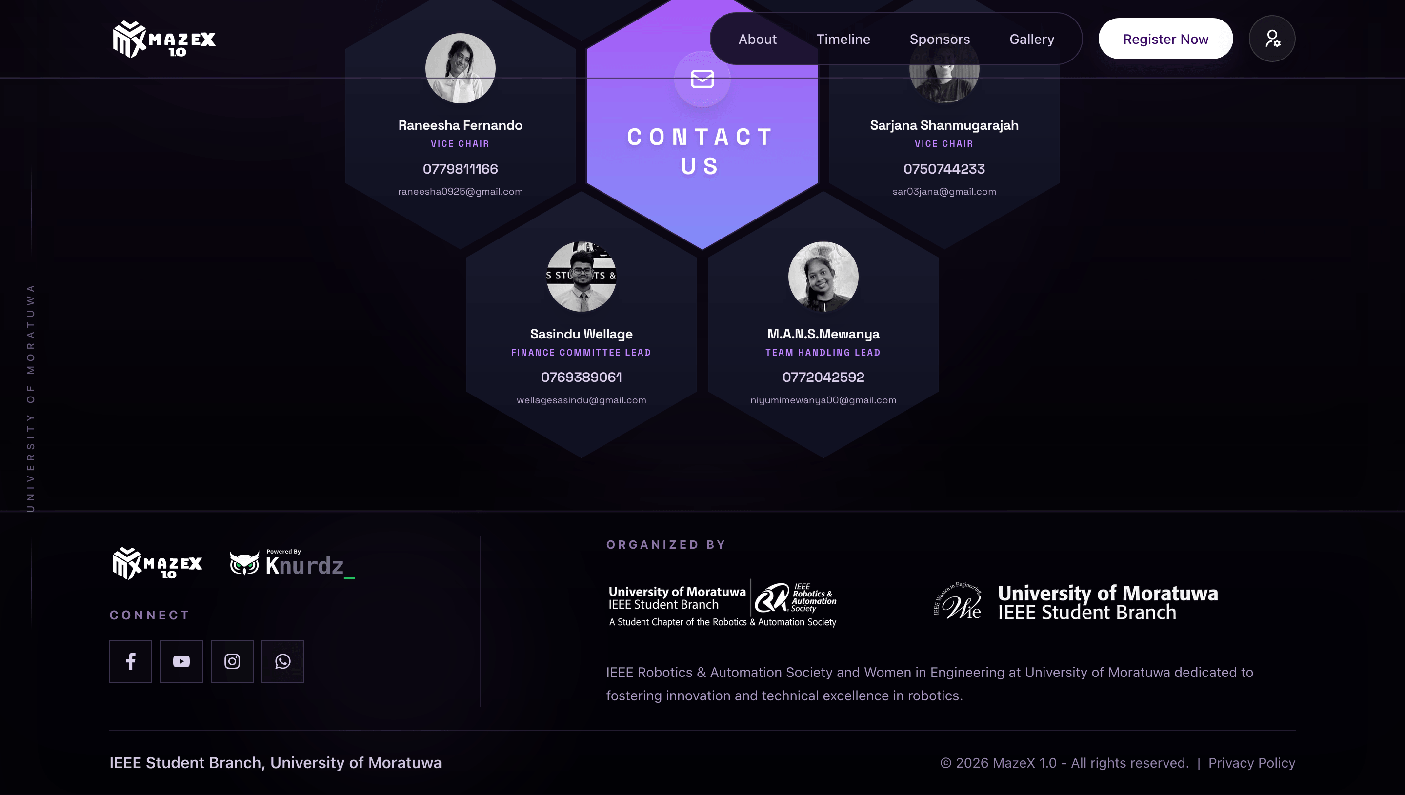 MazeX contact us section with organizing committee profiles