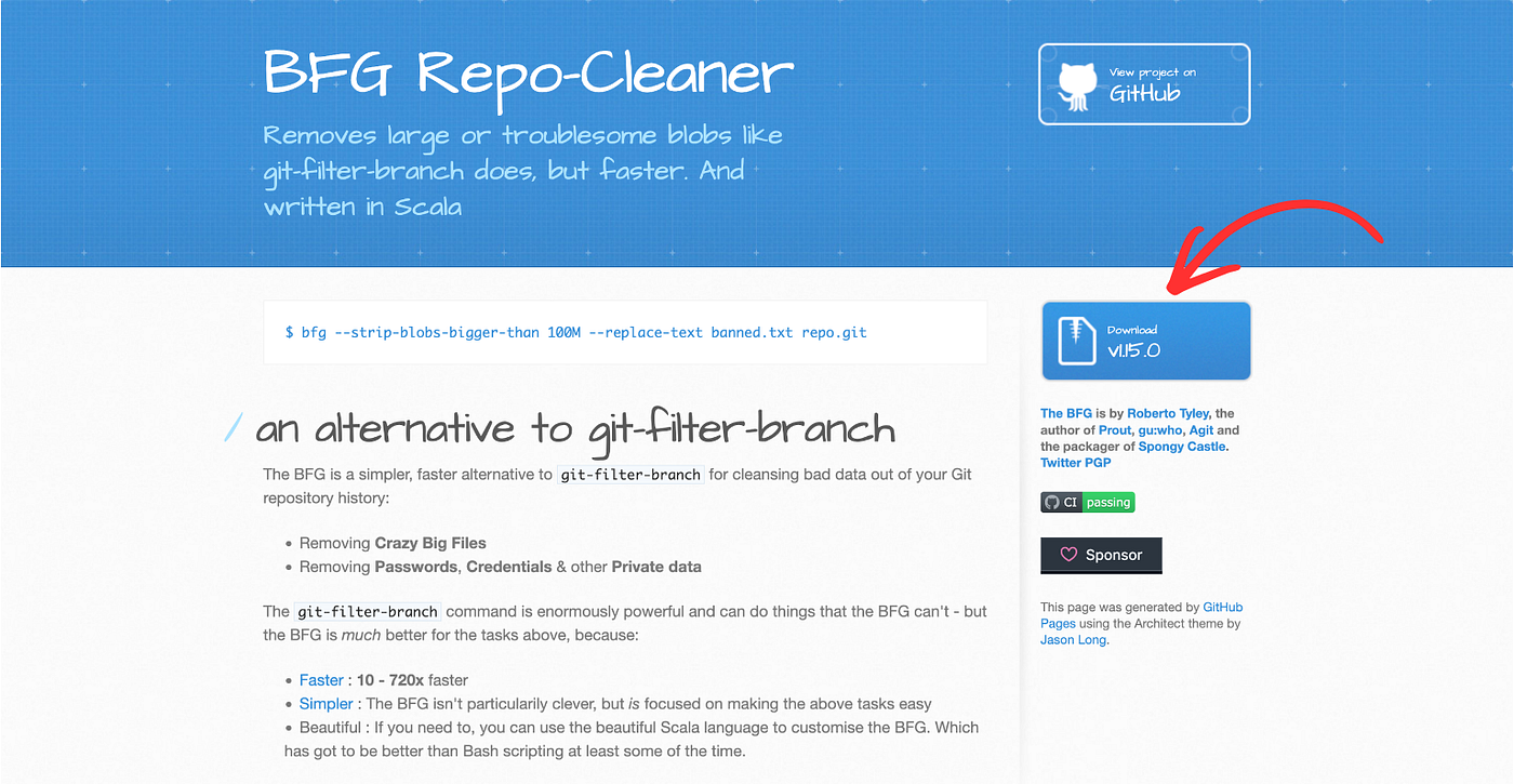 Screenshot of BFG Repo-Cleaner website home page
