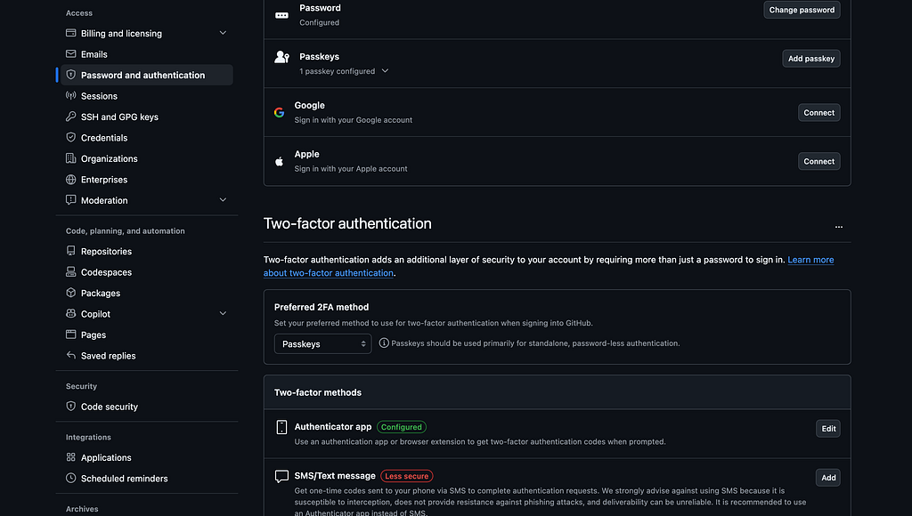 GitHub 2FA page