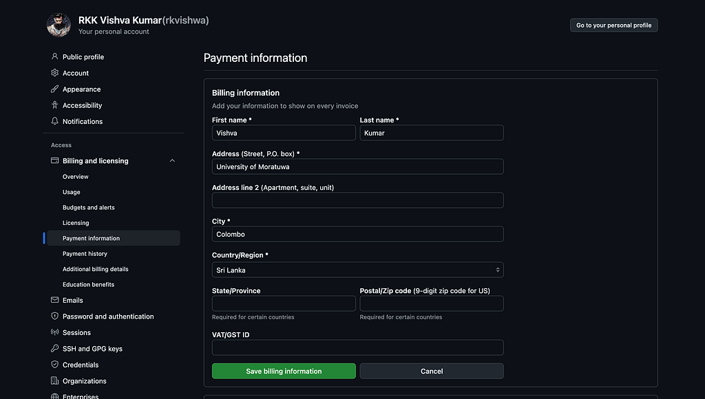 GitHub billing address setting page