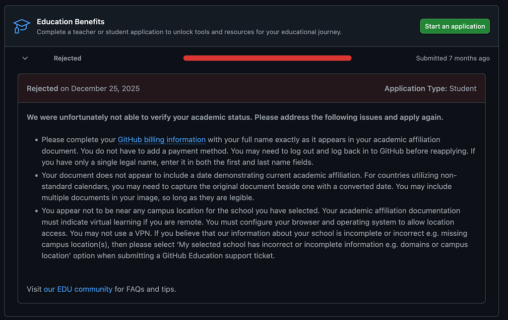 Application rejection page